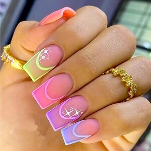 24 Neon Colorful Cartoon Square Medium Length Fake Press On Nails Kit New In Box